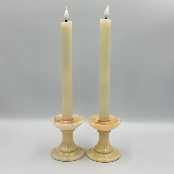 The Unbranded Brand Other - VTG Alabaster Candle Holders Pair Coquette Soft Girl Floral Pedestal 3x3 Decor